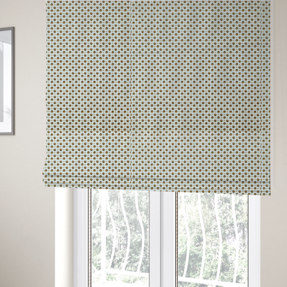 The fabric used to create these Roman blinds is a micro-scale ditsy fabric pattern featuring rows of tiny brown paw prints and beige hearts arranged in a dense polka dot grid on a pale blue background.