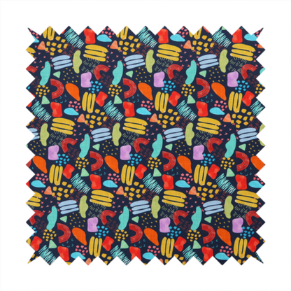 This fabric features a lively, abstract pattern set against a deep navy background. The design is filled with a dense, colourful array of hand-drawn shapes, including squiggles, small arches, and organic blobs in a vibrant palette of yellow, red, orange, teal, light blue, and purple.