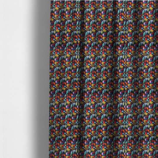 The fabric used to create these made-to-measure curtains is a fabric features a lively, abstract pattern set against a deep navy background. The design is filled with a dense, colourful array of hand-drawn shapes, including squiggles, small arches, and organic blobs in a vibrant palette of yellow, red, orange, teal, light blue, and purple.