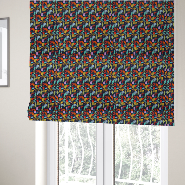 The fabric used to create these Roman blinds is a fabric features a lively, abstract pattern set against a deep navy background. The design is filled with a dense, colourful array of hand-drawn shapes, including squiggles, small arches, and organic blobs in a vibrant palette of yellow, red, orange, teal, light blue, and purple.