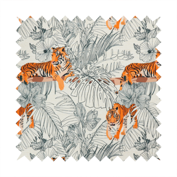 This fabric features a repeating botanical and wildlife pattern set against a light cream and grey background. The design showcases tigers in two poses—some walking and some resting—interspersed with detailed line drawings of large tropical leaves and hibiscus flowers.