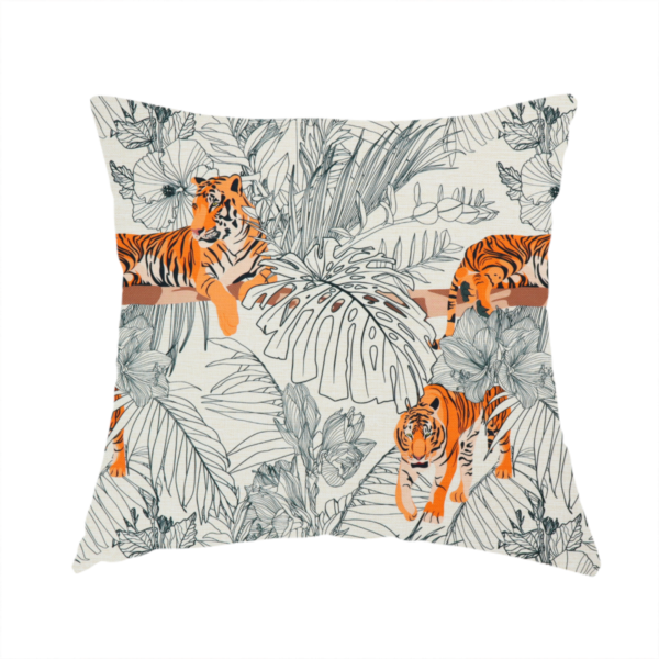 The fabric used to create this handmade cushion is a fabric features a repeating botanical and wildlife pattern set against a light cream and grey background. The design showcases tigers in two poses—some walking and some resting—interspersed with detailed line drawings of large tropical leaves and hibiscus flowers.