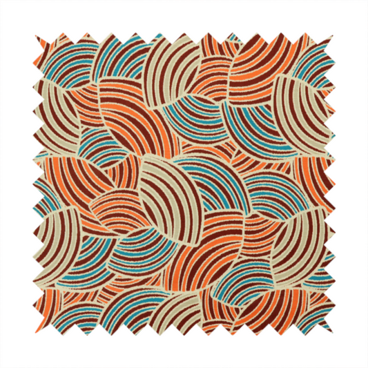 This fabric features a geometric, fan-like pattern composed of overlapping semi-circular arcs. The design creates a dynamic sense of movement through a vibrant colour palette of burnt orange, deep brown, bright turquoise, and cream.