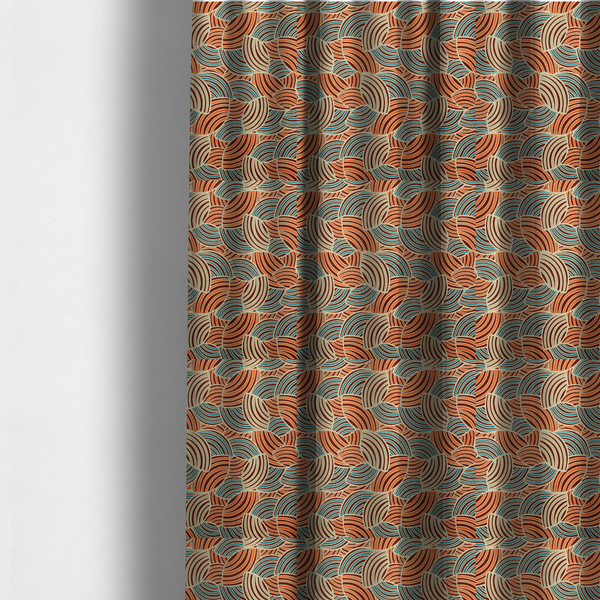 The fabric used to create these made-to-measure curtains is a fabric features a geometric, fan-like pattern composed of overlapping semi-circular arcs. The design creates a dynamic sense of movement through a vibrant colour palette of burnt orange, deep brown, bright turquoise, and cream.