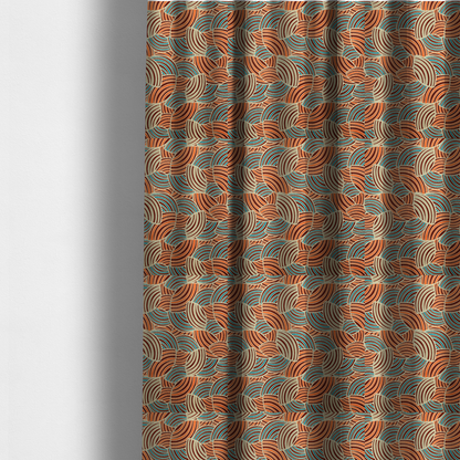 The fabric used to create these made-to-measure curtains is a fabric features a geometric, fan-like pattern composed of overlapping semi-circular arcs. The design creates a dynamic sense of movement through a vibrant colour palette of burnt orange, deep brown, bright turquoise, and cream.