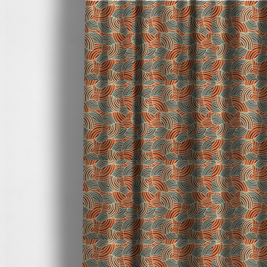 The fabric used to create these made-to-measure curtains is a fabric features a geometric, fan-like pattern composed of overlapping semi-circular arcs. The design creates a dynamic sense of movement through a vibrant colour palette of burnt orange, deep brown, bright turquoise, and cream.