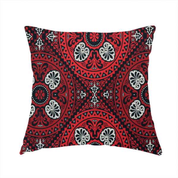 The fabric used to create this handmade cushion is a fabric features an intricate, medallion-style damask pattern with a striking gothic influence. The design is composed of repeating circular motifs containing ornate, symmetrical floral and fan-shaped elements in cream, set against a dark charcoal-black backdrop.
