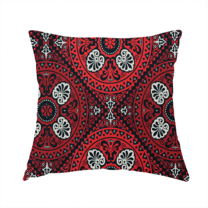 The fabric used to create this handmade cushion is a fabric features an intricate, medallion-style damask pattern with a striking gothic influence. The design is composed of repeating circular motifs containing ornate, symmetrical floral and fan-shaped elements in cream, set against a dark charcoal-black backdrop.
