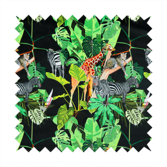 This fabric features a lush, vibrant jungle scene set against a deep black background. The pattern is filled with a dense variety of tropical foliage, including large monstera and palm leaves in multiple shades of green.