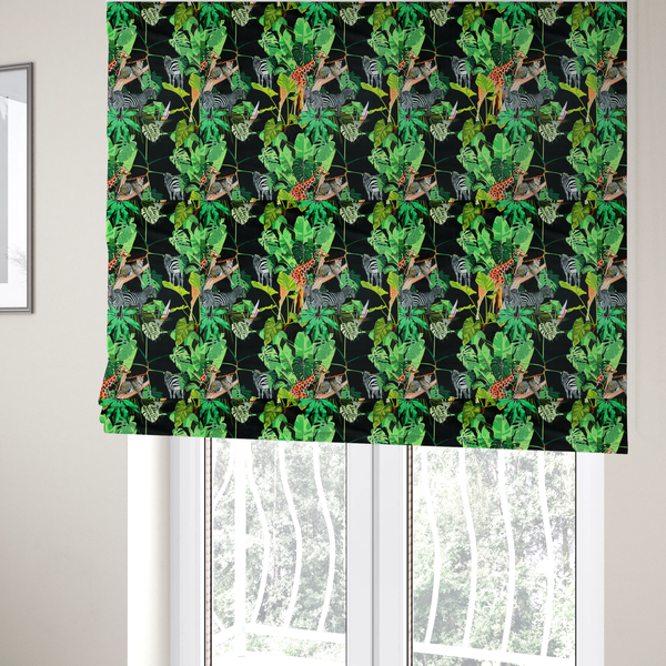 The fabric used to create these Roman blinds is a fabric features a lush, vibrant jungle scene set against a deep black background. The pattern is filled with a dense variety of tropical foliage, including large monstera and palm leaves in multiple shades of green.