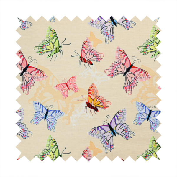 This fabric features a whimsical, repeating pattern of colourful butterflies scattered across a light beige, textured background. The butterflies are rendered in various sizes and a vibrant colour palette, including shades of pink, purple, lime green, and soft blue, with delicate black wing detailing.