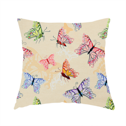 The fabric used to create this handmade cushion is a fabric features a whimsical, repeating pattern of colourful butterflies scattered across a light beige, textured background. The butterflies are rendered in various sizes and a vibrant colour palette, including shades of pink, purple, lime green, and soft blue, with delicate black wing detailing.