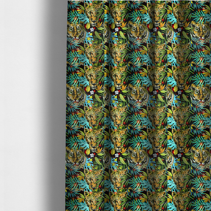 The fabric used to create these made-to-measure curtains is a fabric features a bold, artistic jungle-themed pattern set against a dark black background. The design is a dense, repeating collage of wildlife portraits, featuring alternating heads of leopards and tigers with intense, detailed expressions.
