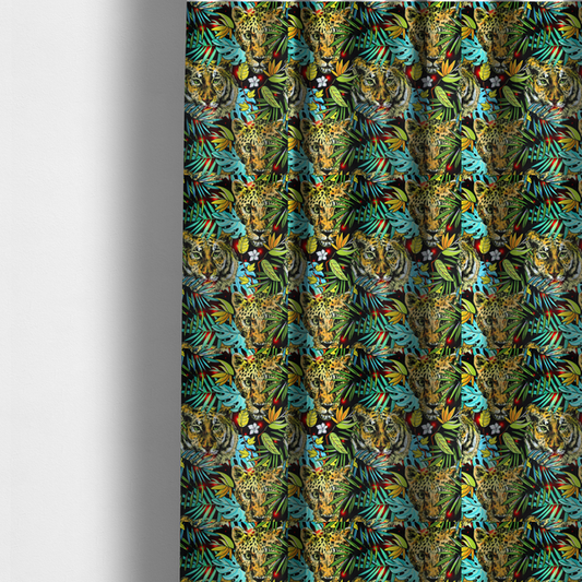 The fabric used to create these made-to-measure curtains is a fabric features a bold, artistic jungle-themed pattern set against a dark black background. The design is a dense, repeating collage of wildlife portraits, featuring alternating heads of leopards and tigers with intense, detailed expressions.