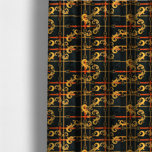 The fabric used to create these made-to-measure curtains is a luxury fashion fabric pattern featuring gold baroque acanthus scrolls layered over a grid of interlocking gold chains and red-orange leather straps on a black background.
