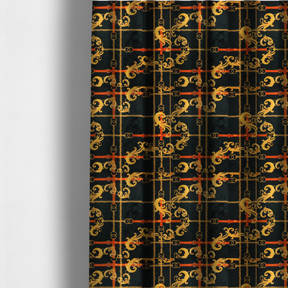 The fabric used to create these made-to-measure curtains is a luxury fashion fabric pattern featuring gold baroque acanthus scrolls layered over a grid of interlocking gold chains and red-orange leather straps on a black background.