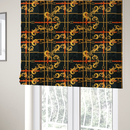The fabric used to create these Roman blinds is a luxury fashion fabric pattern featuring gold baroque acanthus scrolls layered over a grid of interlocking gold chains and red-orange leather straps on a black background.