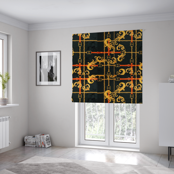 The fabric used to create these Roman blinds is a luxury fashion fabric pattern featuring gold baroque acanthus scrolls layered over a grid of interlocking gold chains and red-orange leather straps on a black background.