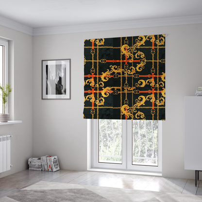The fabric used to create these Roman blinds is a luxury fashion fabric pattern featuring gold baroque acanthus scrolls layered over a grid of interlocking gold chains and red-orange leather straps on a black background.