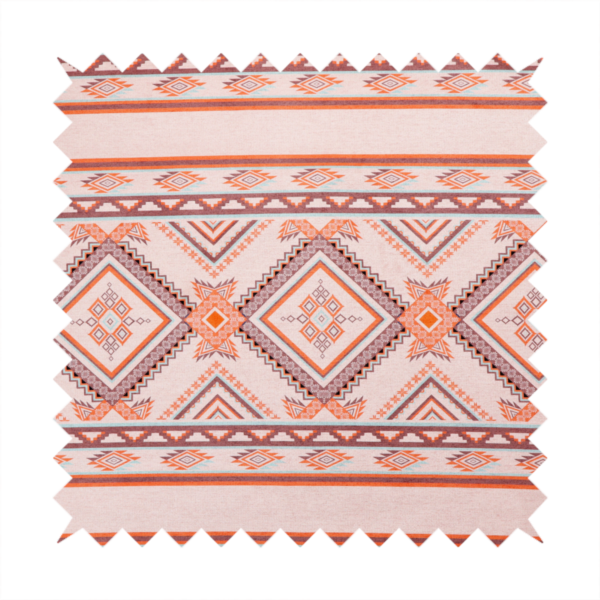A repeating Southwestern-style fabric pattern featuring geometric diamonds, intricate borders, and horizontal stripes in a palette of coral, turquoise, and earth tones.