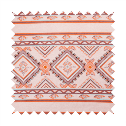 A repeating Southwestern-style fabric pattern featuring geometric diamonds, intricate borders, and horizontal stripes in a palette of coral, turquoise, and earth tones.