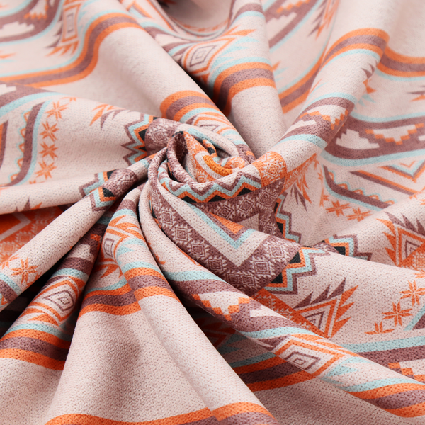 A repeating Southwestern-style fabric pattern featuring geometric diamonds, intricate borders, and horizontal stripes in a palette of coral, turquoise, and earth tones.