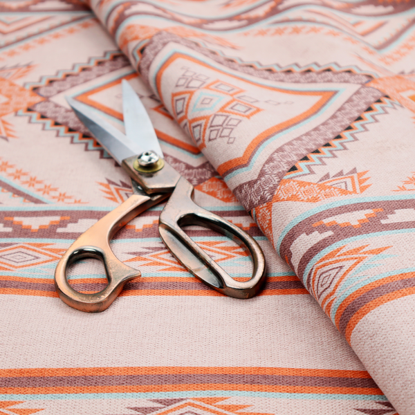 A repeating Southwestern-style fabric pattern featuring geometric diamonds, intricate borders, and horizontal stripes in a palette of coral, turquoise, and earth tones.