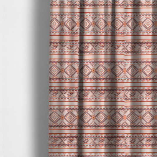 The fabric used to create these made-to-measure curtains is a repeating Southwestern-style fabric pattern featuring geometric diamonds, intricate borders, and horizontal stripes in a palette of coral, turquoise, and earth tones.
