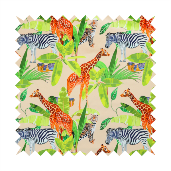 Patterned fabric featuring a vibrant safari scene with giraffes, zebras, leopards, and snakes nestled among lush tropical palm leaves on a soft beige background.