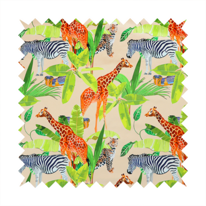 Patterned fabric featuring a vibrant safari scene with giraffes, zebras, leopards, and snakes nestled among lush tropical palm leaves on a soft beige background.