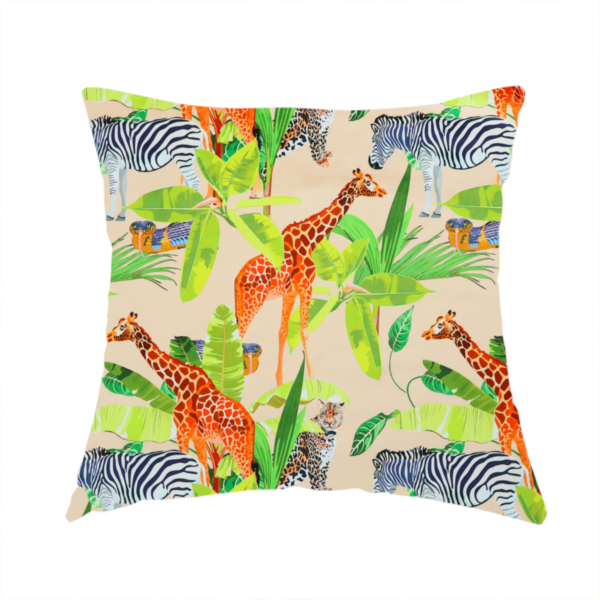 The fabric used to create this handmade cushion is a patterned fabric featuring a vibrant safari scene with giraffes, zebras, leopards, and snakes nestled among lush tropical palm leaves on a soft beige background.