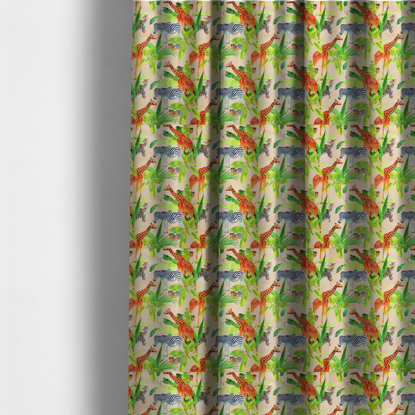 The fabric used to create these made-to-measure curtains is a patterned fabric featuring a vibrant safari scene with giraffes, zebras, leopards, and snakes nestled among lush tropical palm leaves on a soft beige background.
