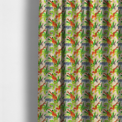 The fabric used to create these made-to-measure curtains is a patterned fabric featuring a vibrant safari scene with giraffes, zebras, leopards, and snakes nestled among lush tropical palm leaves on a soft beige background.