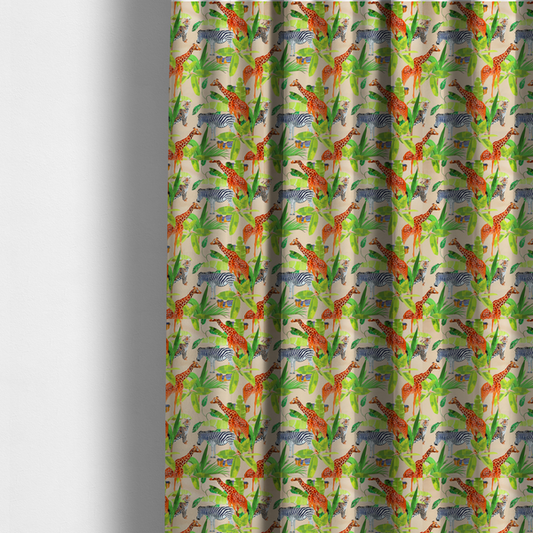 The fabric used to create these made-to-measure curtains is a patterned fabric featuring a vibrant safari scene with giraffes, zebras, leopards, and snakes nestled among lush tropical palm leaves on a soft beige background.