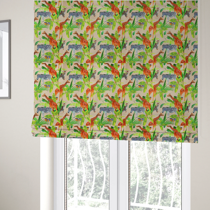 The fabric used to create these Roman blinds is a patterned fabric featuring a vibrant safari scene with giraffes, zebras, leopards, and snakes nestled among lush tropical palm leaves on a soft beige background.