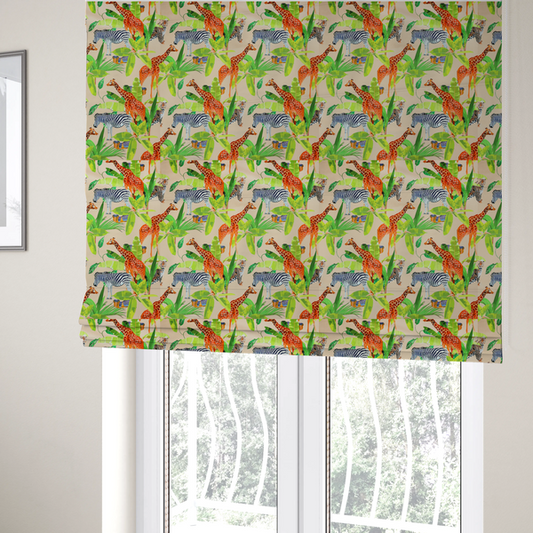 The fabric used to create these Roman blinds is a patterned fabric featuring a vibrant safari scene with giraffes, zebras, leopards, and snakes nestled among lush tropical palm leaves on a soft beige background.