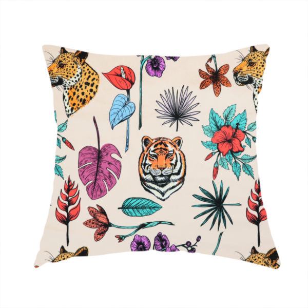 The fabric used to create this handmade cushion is a patterned fabric featuring a repeating design of tiger and leopard heads interspersed with vibrant tropical flowers, orchids, and palm leaves on a cream background.