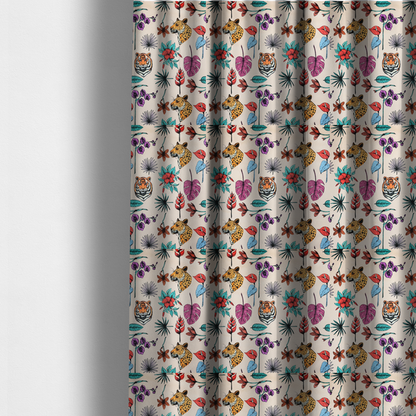 The fabric used to create these made-to-measure curtains is a patterned fabric featuring a repeating design of tiger and leopard heads interspersed with vibrant tropical flowers, orchids, and palm leaves on a cream background.