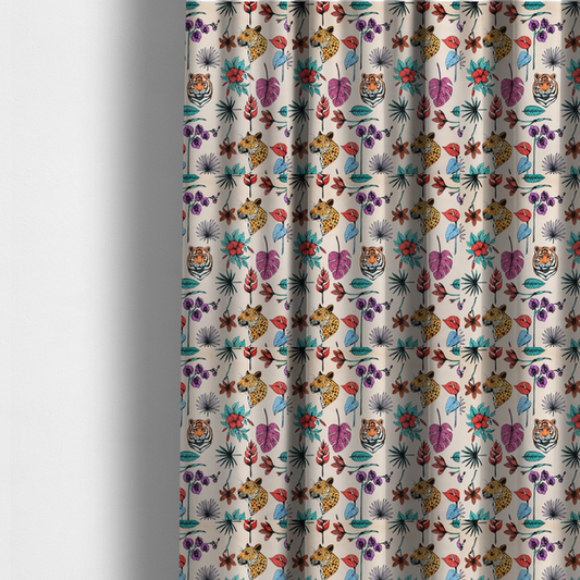 The fabric used to create these made-to-measure curtains is a patterned fabric featuring a repeating design of tiger and leopard heads interspersed with vibrant tropical flowers, orchids, and palm leaves on a cream background.