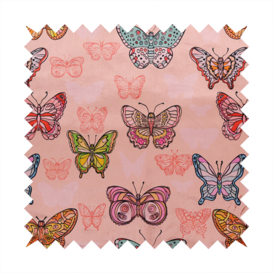 Patterned fabric featuring a whimsical, repeating design of colourful butterflies in various patterns and shades—including orange, teal, pink, and yellow—scattered among faint, outline-style butterfly silhouettes on a soft, dusty pink background.
