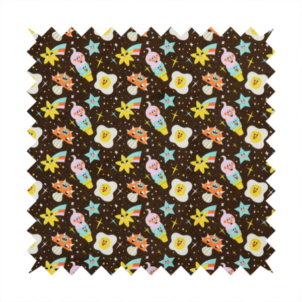 A whimsical, repeating fabric pattern featuring cartoon-style fried eggs, happy ice cream cones, shooting stars, and colourful stars on a dark chocolate brown background.