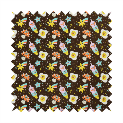 A whimsical, repeating fabric pattern featuring cartoon-style fried eggs, happy ice cream cones, shooting stars, and colourful stars on a dark chocolate brown background.