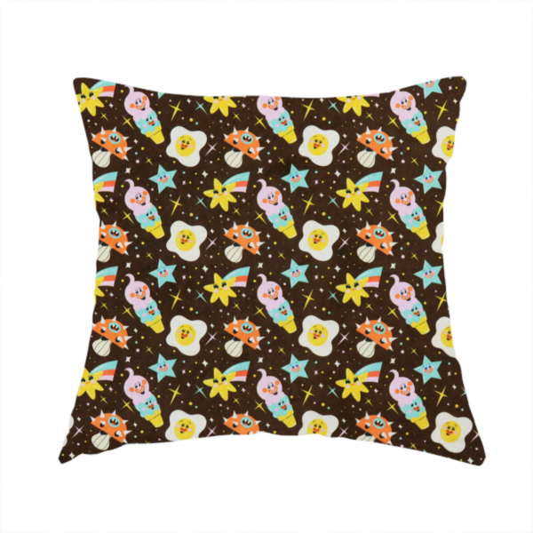 The fabric used to create this handmade cushion is a whimsical, repeating fabric pattern featuring cartoon-style fried eggs, happy ice cream cones, shooting stars, and colourful stars on a dark chocolate brown background.