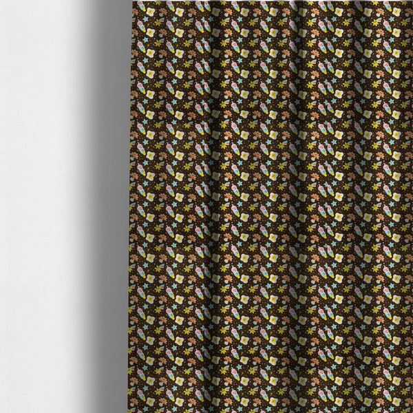 The fabric used to create these made-to-measure curtains is a whimsical, repeating fabric pattern featuring cartoon-style fried eggs, happy ice cream cones, shooting stars, and colourful stars on a dark chocolate brown background.