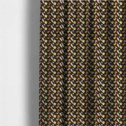 The fabric used to create these made-to-measure curtains is a whimsical, repeating fabric pattern featuring cartoon-style fried eggs, happy ice cream cones, shooting stars, and colourful stars on a dark chocolate brown background.