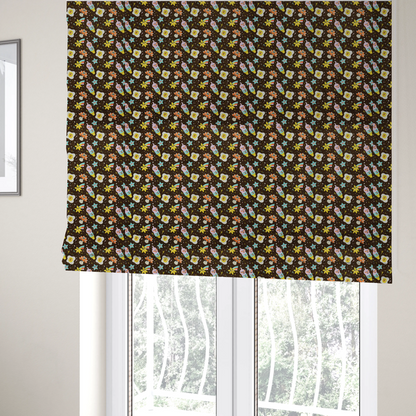 The fabric used to create these Roman blinds is a whimsical, repeating fabric pattern featuring cartoon-style fried eggs, happy ice cream cones, shooting stars, and colourful stars on a dark chocolate brown background.