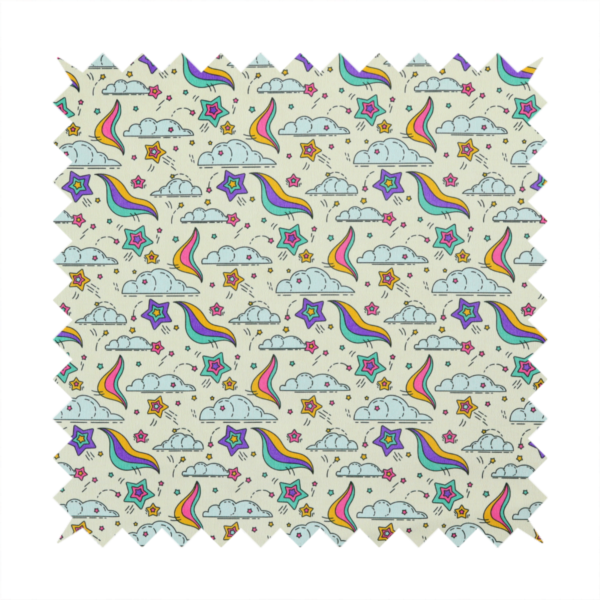 A whimsical, repeating fabric pattern featuring illustrated clouds, colourful shooting stars, and twinkling stars on a light cream background.