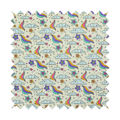 A whimsical, repeating fabric pattern featuring illustrated clouds, colourful shooting stars, and twinkling stars on a light cream background.
