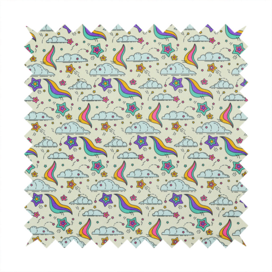 A whimsical, repeating fabric pattern featuring illustrated clouds, colourful shooting stars, and twinkling stars on a light cream background.