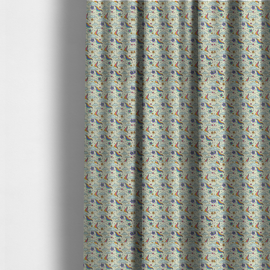 The fabric used to create these made-to-measure curtains is a whimsical, repeating fabric pattern featuring illustrated clouds, colourful shooting stars, and twinkling stars on a light cream background.